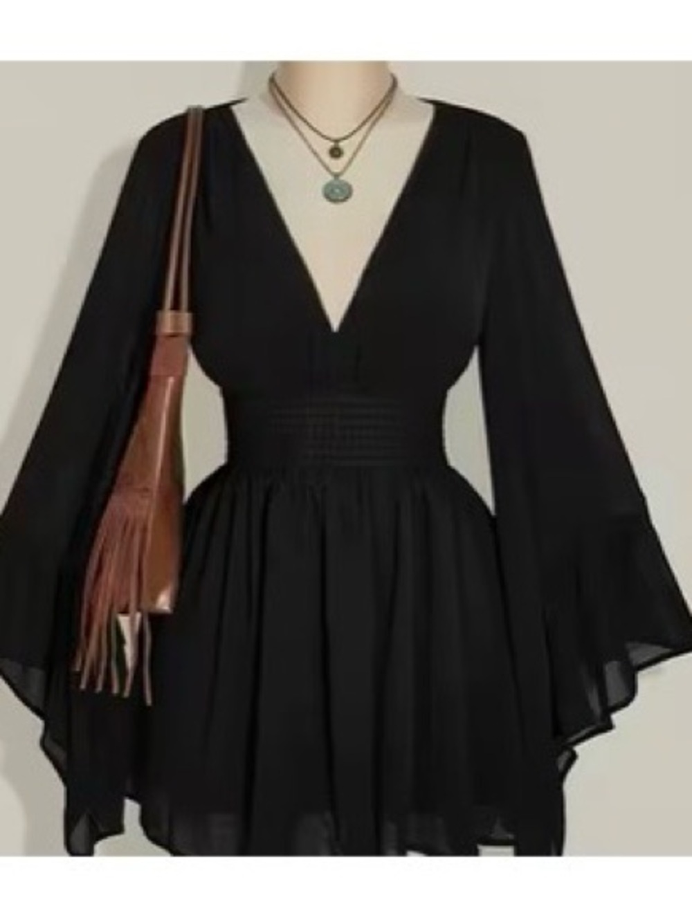 Black V-Neck Smocked-Waist Mini Dress
